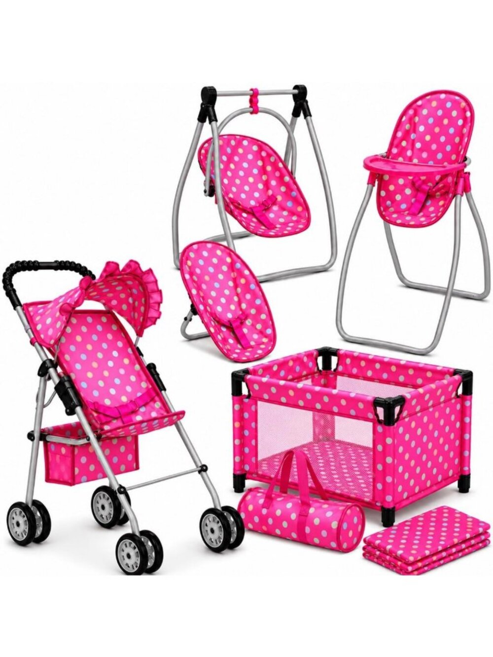 18-Inch Doll Stroller & Nursery Playset - High Chair, Swing, Bed & Diaper Bag